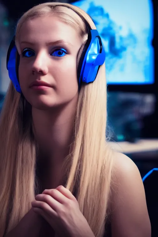 Image similar to gorgeous gamer girl with blonde hair and blue eyes playing on her computer, portrait shot of her face lit up by the monitor, wearing gaming headset, dark atmosphere, dynamic lighting