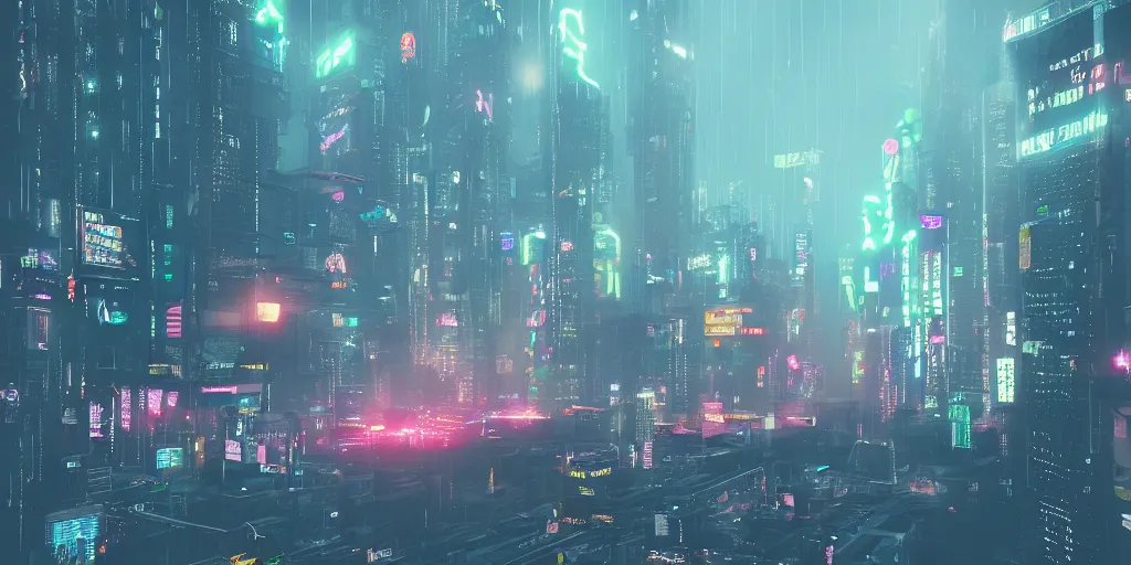 Image similar to i, a detailed cyberpunk city, mist, rain, neon light, giant aircrafts, 8k, high definition, trending on artstation