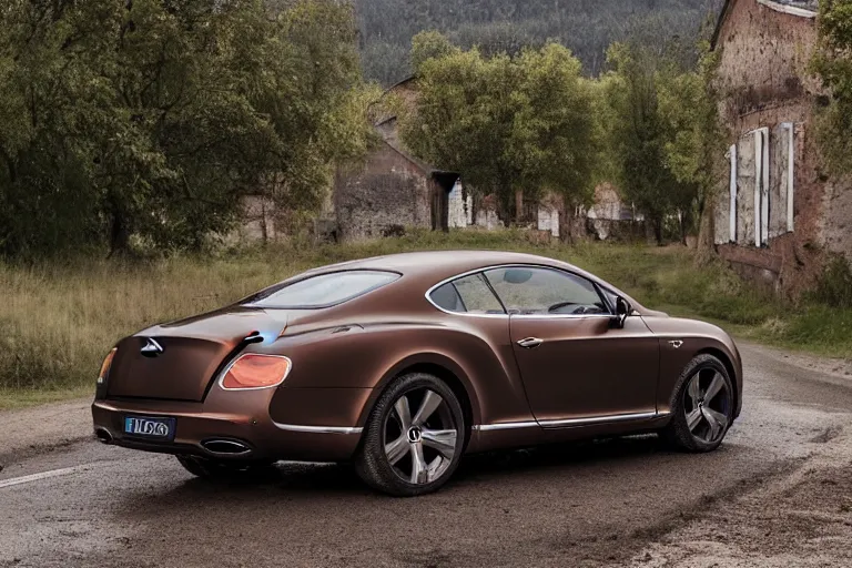 Image similar to modern rusty matte tired Bentley Continental GT without gloss no reflections drives along the road of an old Russian village with houses at the edges