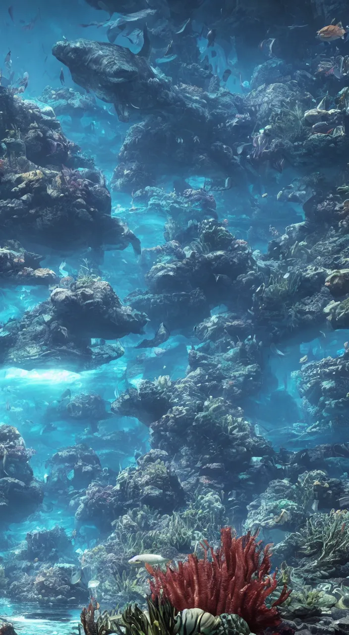 Prompt: las vegas underwater with ocean creatures swimming around, in style of johan grenier, greg rutkowski, artstation, 8 k 3 d, unreal engine, highly detailed, octane render, very intricate, cinematic lighting