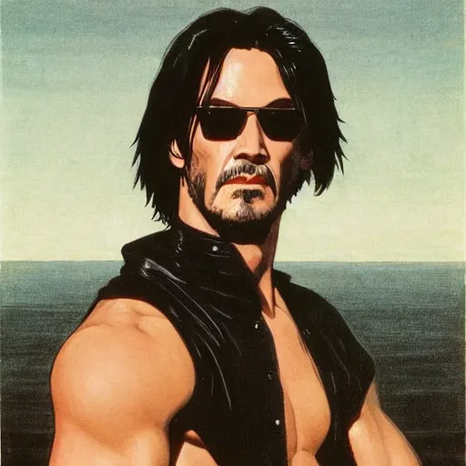 Prompt: rippling physique starving keanu reeves wearing a black leather cape sunglasses whilst standing atop a skyscraper masamune shirow jen bartel jim lambie winslow homer thomas eakins uta natsume