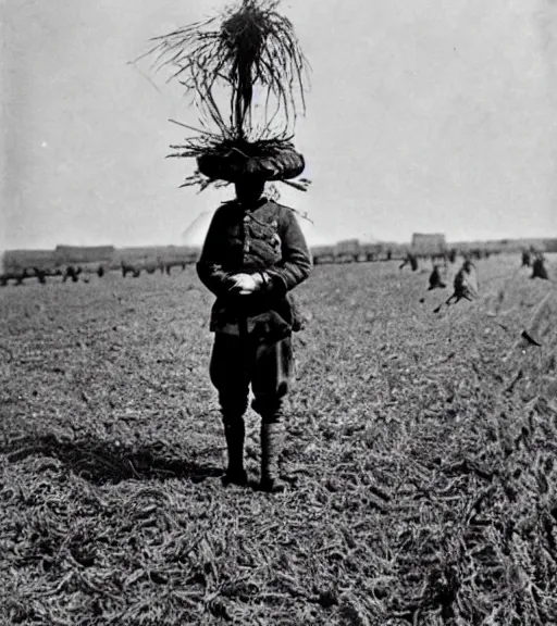 Image similar to a man at wearing a full head scarecrow mask in distance, ww1 film photo, grainy, high detail, high resolution