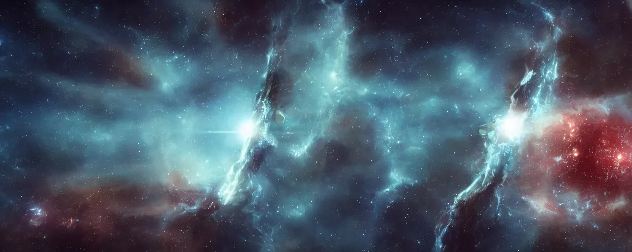 Image similar to movie still, thin horizontal nebula, a dark epic galaxy, space scene, dark scifi, unreal engine, octane render, detailed and intricate, global illumination, volumetric lighting, hubble telescope images, james webb telescope images, houdini fluid simulation, detailed and intricate environment