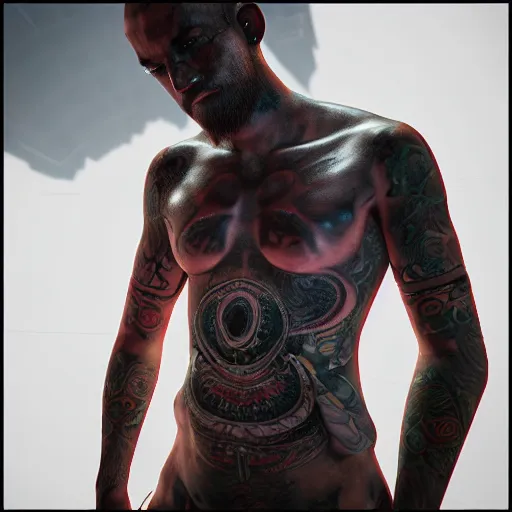 Image similar to a beautiful male alien god covered in tattoos, cinematic realistic, unreal engine 5