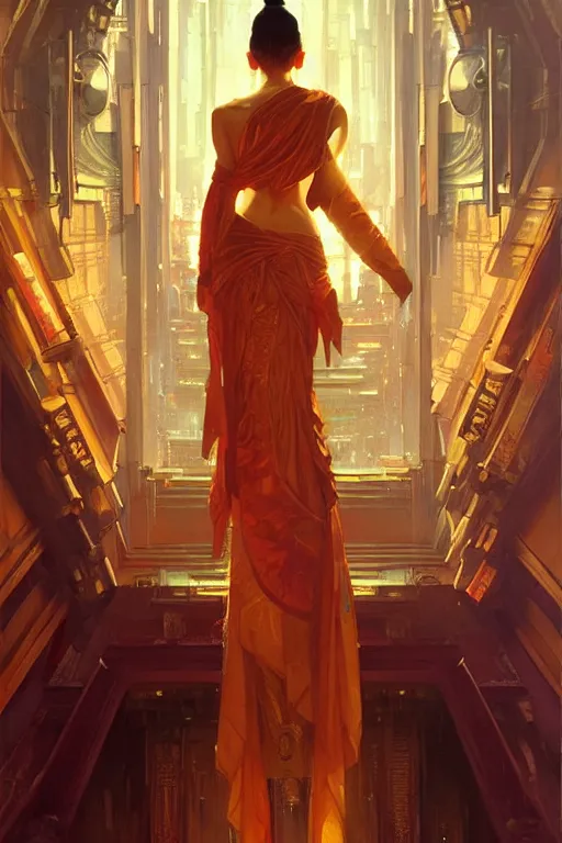 Prompt: temple, cyberpunk, buddhism, painting by greg rutkowski, j. c. leyendecker, artgerm