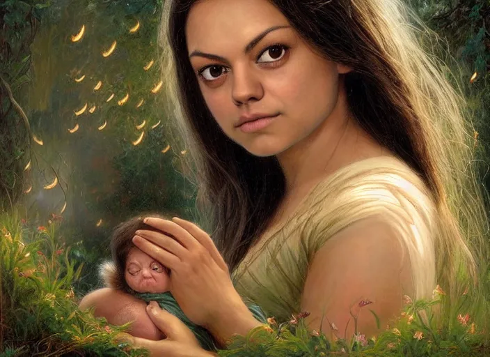 Prompt: Mila Kunis staring into the camera singing a lullaby, fireflies, full moon, Lilia Alvarado, Sophie Anderson, Mark Arian, Bob Byerley, Charlie Bowater, Mark Brooks, Steve Henderson, Justin Gerard, Arthur Hughes, Edward Robert Hughes, Mark Keathley, Victor Nizovtsev, Carlos Shwabe, Ross Tran, WLOP