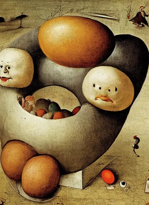 Image similar to an egg, round humpty dumpty with a jack black facial expression, realistic, by hieronymus bosch and pieter brueghel