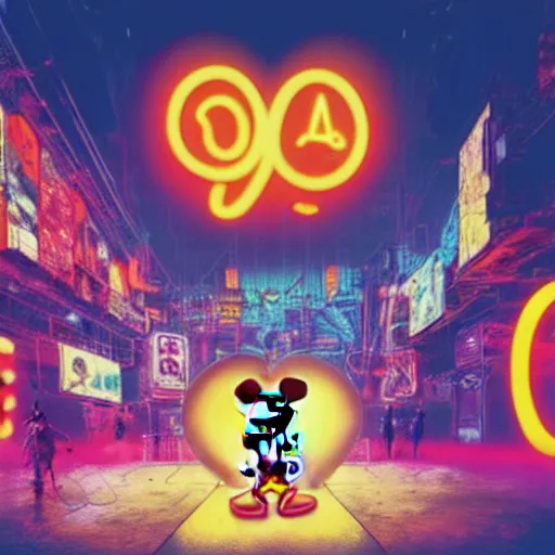 Image similar to a group of people standing around a giant one - eyed mickey mouse, cyberpunk art by david lachapelle, cgsociety, dystopian art by industrial light and magic, netflix neon logo concept art, neons, interior