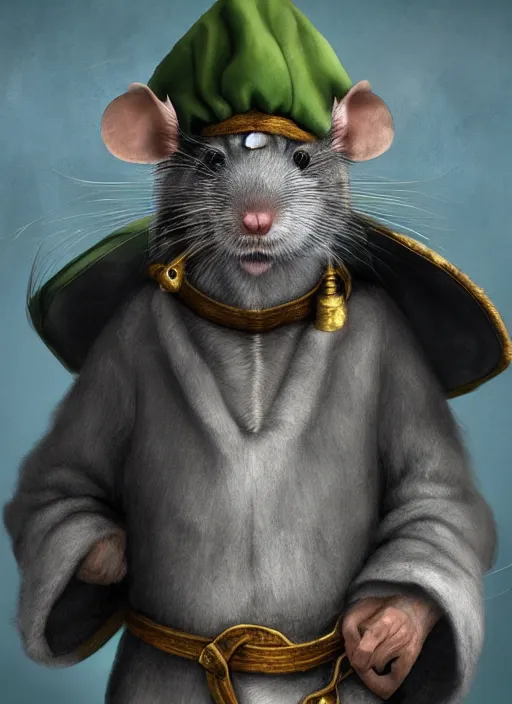 Image similar to gray rat standing on two legs, gray beard, serious, mean eyes, wearing jewelry, tricorne hat, green robe, D&D, digital art, realistic, trending on artstation, 4k, sea in the background