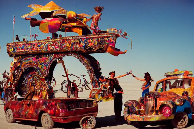 Prompt: creative fanciful Art Cars of BurningMan on the Playa, Kodachrome, photorealistic, detailed with colorful people,