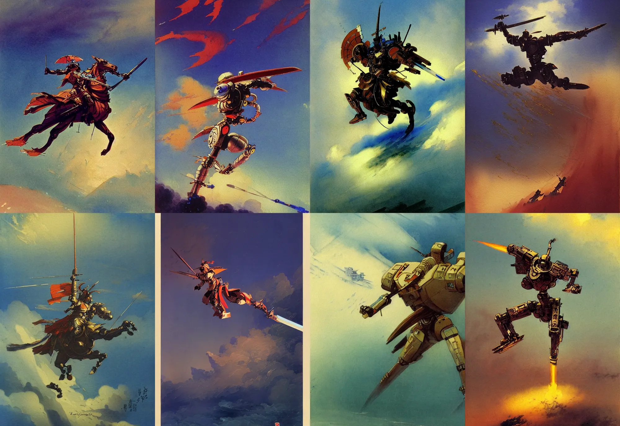 Prompt: vintage anime cinematic robot warrior leaping into battle by Ivan Aivazovsky, watercolor concept art by Syd Mead, by william herbert dunton, watercolor strokes, japanese woodblock, by Jean Giraud