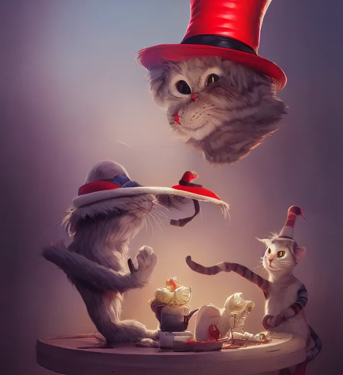 Image similar to complex 3 d render, hyper detailed, ultra sharp, of the cat in the hat, scary, cinematic, natural soft light, rim light, art by greg rutkowski and artgerm and moebius, dr seuss