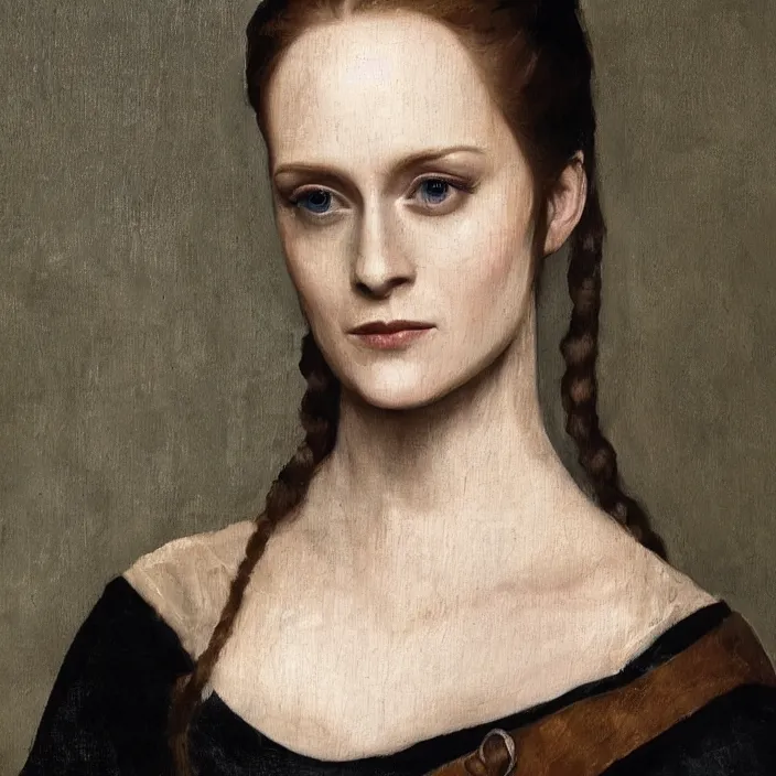 Image similar to dolores from tv show westworld, evan rachel wood, early netherlandish painting