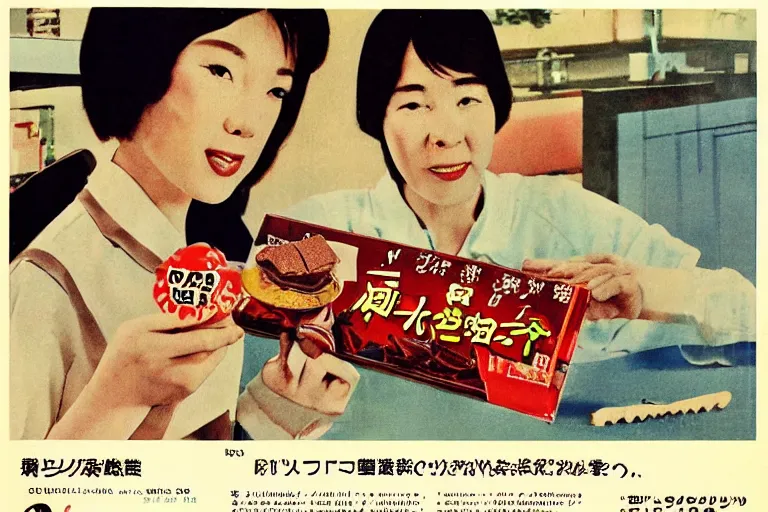 Image similar to chocolate advertisment, still life, 1 9 7 0 s japan shouwa advertisement, print, nostalgic