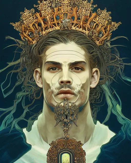 Image similar to symmetrical, centered, young and handsome god close - up portrait wigh crown made of skulls. artwork by tooth wu and wlop and alena aenami and alphonse mucha, brian froud, pablo amaringo