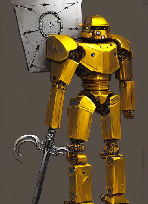 Prompt: human-sized strong intricate yellow pit droid carrying very detailed great sword and beautiful large paladin shield, pancake short large head, exposed metal bones, painterly humanoid mecha, by Greg Rutkowski