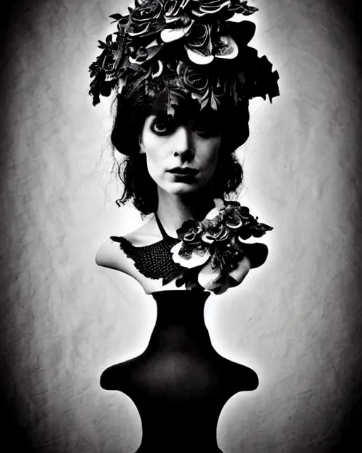 Image similar to a black and white high quality dreamy photo of a young beautiful female queen-pale dragon-vegetal-many big steampunk flowers-cyborg bust with a very long neck, elegant, highly detailed, poetic, soft, dreamy, mysterious, high fashion, in the style of Diane Arbus, Realistic, Refined, Digital Art, Highly Detailed, Cinematic Lighting, rim light, black and white, photo-realistic, 8K