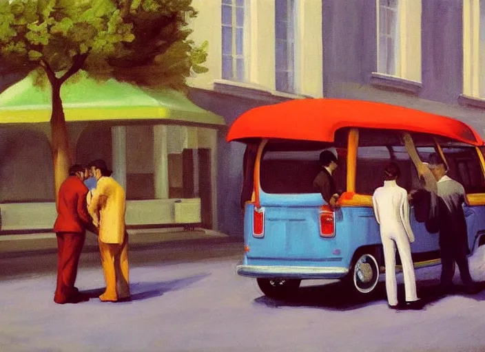 Prompt: painting, two young men and women near blue vw bus on paris street, by edward hopper, bernardo bertolucci dreamers movie scene