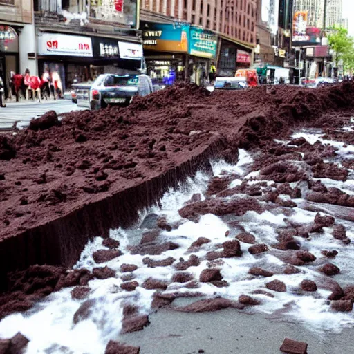 Prompt: tsunami of liquid chocolate on new york