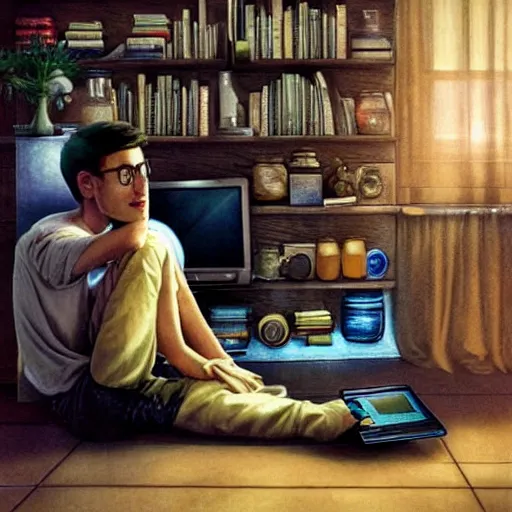 Image similar to a skinny computer nerd guy sitting on the floor of his room, crossed legs, laptop, smartphone, video games, tv, books, potions, jars, shelves, knick knacks, tranquil, calm, sparkles in the air, magic aesthetic, fantasy aesthetic, colorful, whimsical aesthetic, by stanely artgerm, tom bagshaw, arthur adams, cane griffiths, trending on deviantart, street art, face enhance, chillwave, maximalist