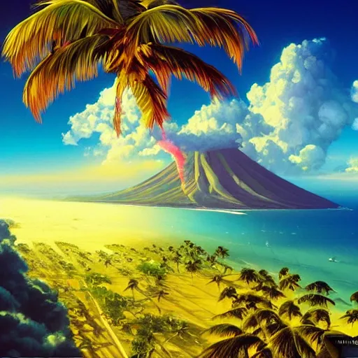 Image similar to a painting a breathtaking aerial view of Hawaiian islands, surrounded by palm trees, clouds, flowers, volcano, azure ocean, sunlight glistening, glow, , a detailed matte painting by sylvain sarrailh, Stephan Martinière, by RHADS, Makoto Shinkai, bokeh, Artstation contest winner, fantasy art, concept art, #vfxfriday