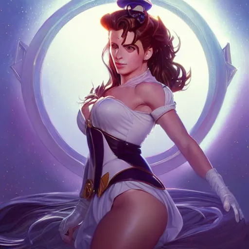 Image similar to Kate Beckinsale as Sailor Moon, western, D&D, fantasy, intricate, elegant, highly detailed, digital painting, artstation, concept art, matte, sharp focus, illustration, art by Artgerm and Greg Rutkowski and Alphonse Mucha