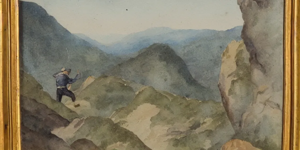 Prompt: antique watercolour painting of man climbing mountain