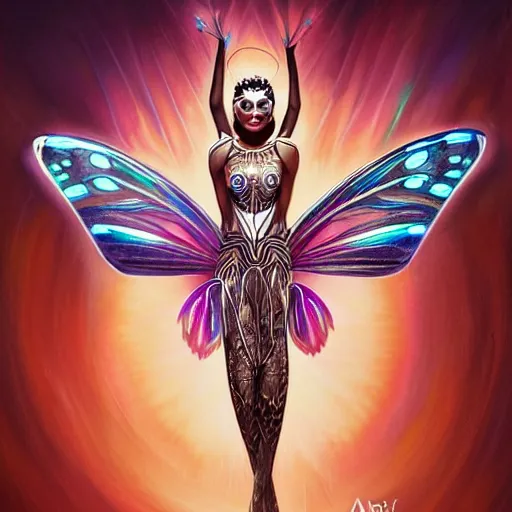 Prompt: photorealistic painting of beautiful art deco faerie queen with glowing eyes, moth wings with geometric patterns, reflective detailed textures, highly detailed dark fantasy science fiction painting, silver and cool colors, extremely detailed, artstation
