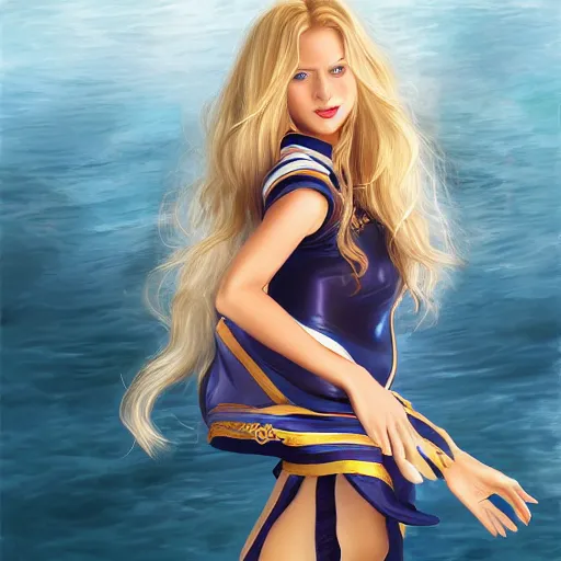 Image similar to epic portrait an beautiful woman wearing sailor outfit short sleeved and standing on a boat, beauty, pretty face, glossy skin, long blonde flowing hair, shiny skin, muscular, digital painting, artstation, concept art, soft light, hdri, smooth, sharp focus, illustration, fantasy, intricate, elegant, highly detailed, D&D, matte painting, in the style of Greg Rutkowski and Alphonse Mucha and artemisia, 8k, highly detailed, jurgens, rutkowski, bouguereau, pastoral, rustic, georgic, detailed concept art, illustration, colorful pastel, painting, detail, ultra detailed, digital art, 4K,