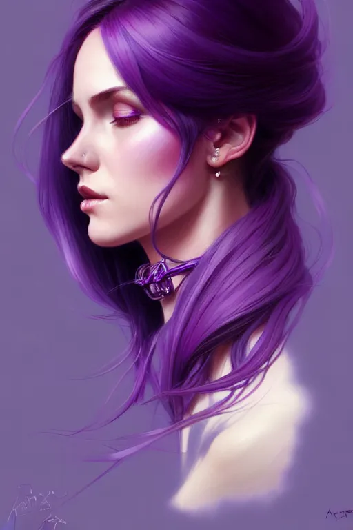 Image similar to Purple hair, creative colouring Portrait of woman face profile, fashion, colored strands of hair, intricate, elegant, highly detailed, digital painting, artstation, concept art, smooth, sharp focus, illustration, art by artgerm and greg rutkowski and alphonse mucha