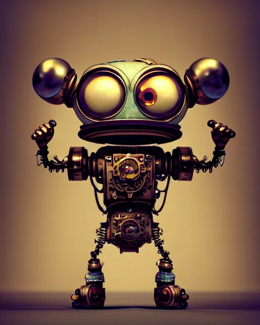 Prompt: a tiny cute steampunk cyborg with big eyes smiling waving, back view, isometric 3 d, ultra hd, character design by mark ryden pixar hayao miyazaki, unreal 5, daz, hyperrealistic, octane render, cosplay, rpg portrait, dynamic lighting, intricate detail, summer vibrancy, symmetrically isometrically centered