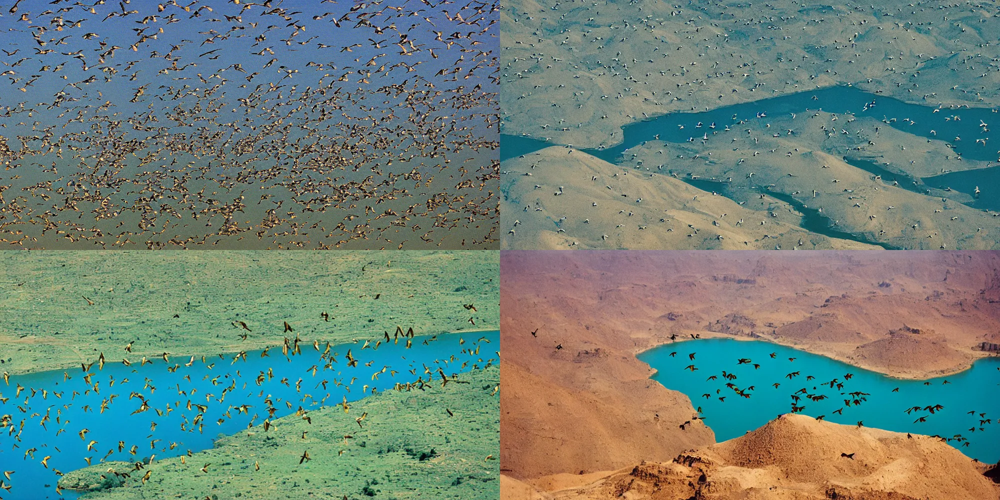 Prompt: birds flying over the green lush nile river valley, a deep blue river runs through the egyptian valley, blue skies overhead, 35mm film photography, telephoto lense