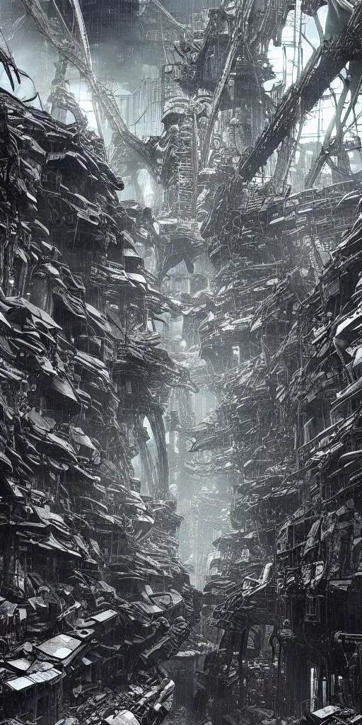 Prompt: tsutomu nihei artificial megastructure dystopian cyberspace construct landscape concept art