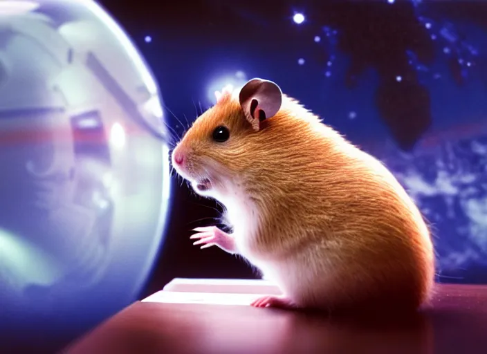 Image similar to film still of a hamster working for mission control at nasa, 8 k