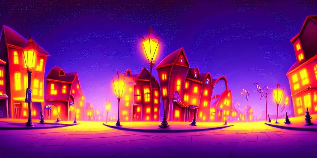 Image similar to curved perspective digital art of a summer night small town street from tim burtons nightmare before christmas by petros afshar