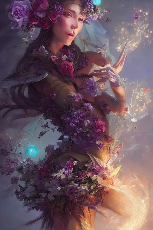 Prompt: portrait of a beautiful elf casting magic spell holding flowers, angel, fantasy, dramatic lighting, highly detailed, digital painting, holding electricity, magic the gathering, hyper detailed, 3 d render, hyper realistic detailed portrait, peter mohrbacher, wlop, ruan jia