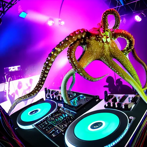 Image similar to award winning photo of an octopus! as a dj with tentacles! simultaneously placed turntables cdjs and knobs of a pioneer dj mixer. sharp, blue and fuschia colorful lighting, in front of a large crowd, studio, medium format, 8 k detail, volumetric lighting, wide angle, at an outdoor psytrance festival main stage at night