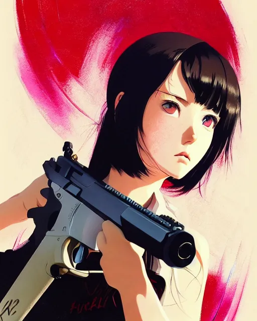 Image similar to girl holding a pistol | | very very anime!!!, fine - face, audrey plaza, realistic shaded perfect face, fine details. anime. realistic shaded lighting poster by ilya kuvshinov katsuhiro otomo ghost - in - the - shell, magali villeneuve, artgerm, jeremy lipkin and michael garmash and rob rey