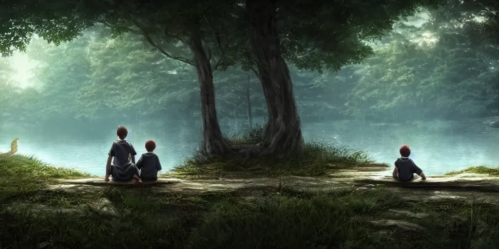 Image similar to a silver dragon and a boy sitting next to lake in forest, many fireflys, at night, concept art, dof, cryengine, digital art, detailed background, makoto shinkai