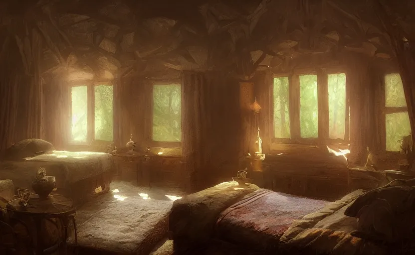 Image similar to painting of an interior of a cozy bedroom carved in a moutain, small hot spring and lush garden outside, other bedrooms can be seen, natural light, fantasy, natural light, concept art, by greg rutkowski and craig mullins, cozy atmospheric and cinematic lighting, trending on artstation