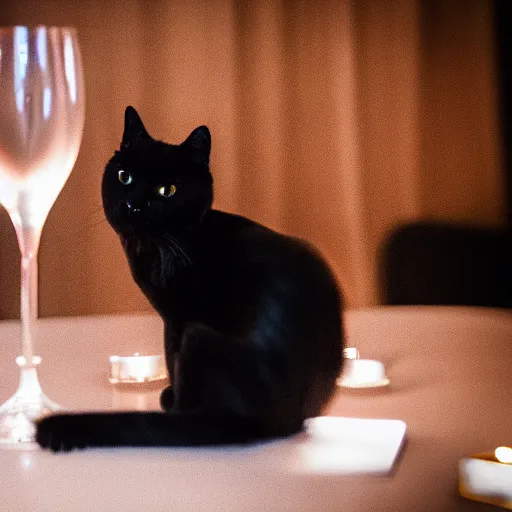 Image similar to a photo of a black cat drinking expensive champagne in a fancy dark bar, mood lighting, f 1. 8, iso 1 6 0 0