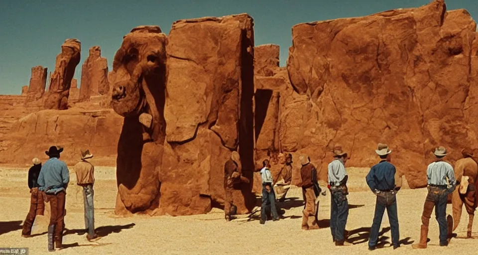 Image similar to film still showing cowboys looking at a gigantic abstract sculpture in the desert directed by Sergio Leone, western, monument valley, cinemascope, technicolor