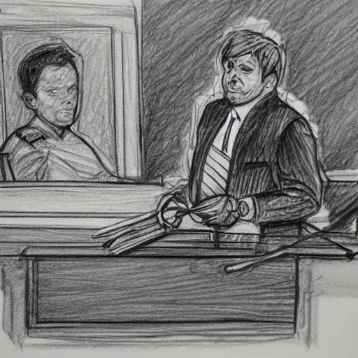 Prompt: elmo in court. pencil court sketch. intricate. highly professionally detailed.