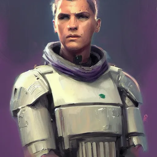 Image similar to concept art of a portrait by greg rutkowski, a soldier of the eternal empire wearing purple and white tactical gear, star wars expanded universe, smooth, sharp focus, artstation hq.