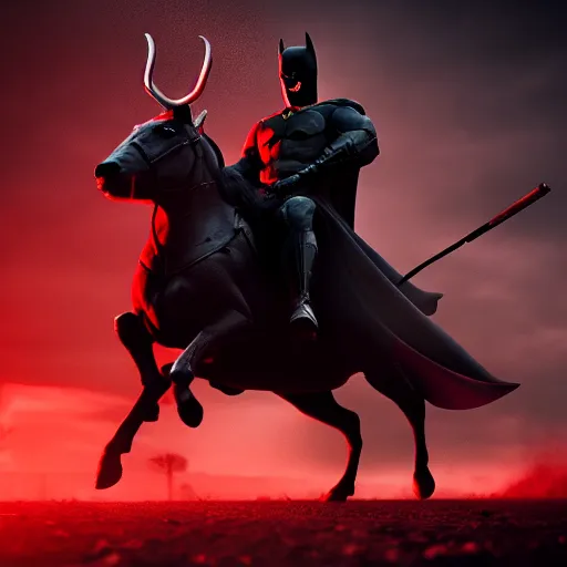 Image similar to batman riding red deer in battlefield, dark, cinematic lighting, chaotic, wide shot, photorealistic, photograph