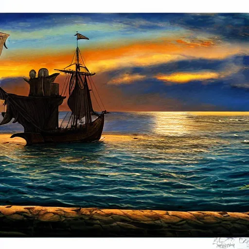 Image similar to medieval ship on the sea, sunset, painting style claude gellee