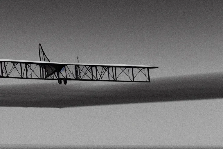 Image similar to still photo of the wright brothers taking off an airplane for the first time, black and white color photograph, highly detailed, photorealistic shot, bright studio setting, studio lighting, crisp quality and light reflections, unreal engine 5 quality render