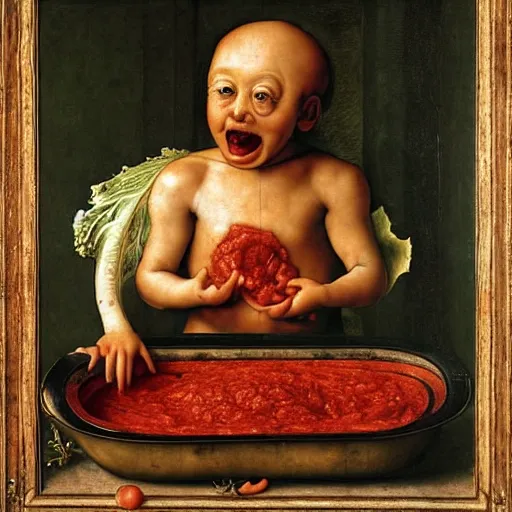 Image similar to a boy sitting in a tub full of tomato sauce, the boy is very happy, a lot of cabbage, by giuseppe arcimboldo and ambrosius benson, renaissance, fruit, intricate and intense oil paint, realistic