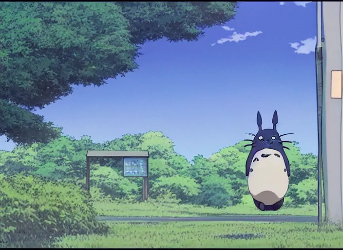 Image similar to a totoro standing next to a bus-stop , wide shot, peaceful and serene, incredible perspective, anime scenery by Makoto Shinkai, very detailed