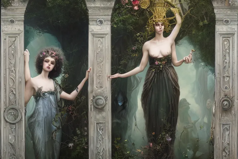 Image similar to the goddess of holding the door for someone too far away surrounded by a court of nymphs, by tom bagshaw peter kemp, beautiful highly symmetric faces